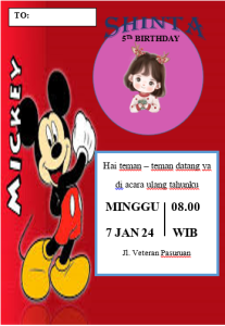 Paket Undangan 50pcs Ulang Tahun Karakter Mickey Mouse Cetak Satu Sisi