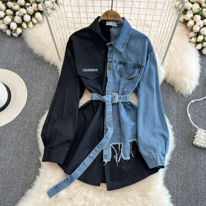 Spring New Chic Casual Mid-length Women's Tops Retro Hong Kong-style  Temperament Slim Fit and Comfortable Belted Color-blocking Denim Shirts  2022 New