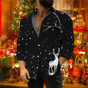 New Mens Shirt Party Style Christmas Deer 3D Printed Shirt Long Sleeve Button Lapel Top Mens New Year Christmas Shirt XS-6XL