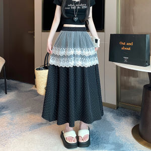 Yimei 2025 váy Midi ChấM Bi đẹp mới với lớp ren chắp vá của phụ nữ váy xòe lớn để giảm tuổi bóng râm A-line ngọt ngào chân váy xòe lớn