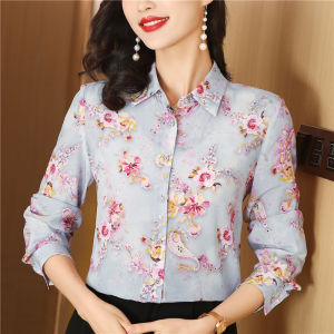 In hoa áo voan của người phụ nữ phong cách Hàn Quốc Một hàng khuy tay áo dài áo blouse thanh lịch ammin ammin thời trang duyên dáng ve áo đơn giản mùa xuân và mùa thu