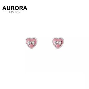AURORA S999 Sterling Silver Mini Pink Heart Bow Stud Earrings Jewelry ES925-53