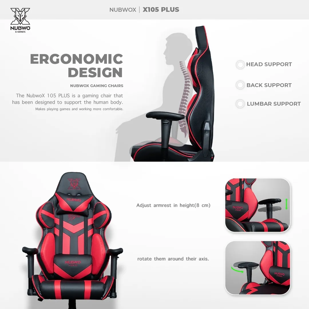 NUBWO เก้าอี้เล่นเกม เก้าอี้ทำงาน GAMING CHAIR นุ่มสบาย ตามหลักสรีระศาสตร์ รับน้ำหนักได้ถึง 180 กก. เหมาะกับคนสูง 160-180 ซม. เก้าอี้เกมมิ่ง รุ่น X105+