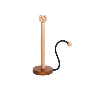 YERZ One-handed Tear Wooden Roll Paper Towel Holder Free Standing Stable Disposable Paper Holder Creative Cartoon Bear Tissue Stand for Kitchen