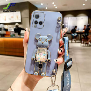 JieFie สำหรับ VIVO Y21 / Y21T / Y21S / Y21A / Y21G / Y22S / Y22 / Y30 / Y30i / Y30 / Y31 / Y33 / Y33S / Y33T / Y35 4G 5G ของเล่นหมีเคสโทรศัพท์โครเมี่ยมสุดหรู-ฝาครอบโทรศัพท์ TPU แบบน่มชุบ + ขาตั้งและสายคล้อง