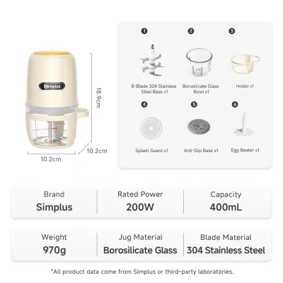 Simplus 0.4L Food Processor丨6S Fast Cutting丨Food-Grade Material丨High Borosilicate Glass Bow l Baby Food