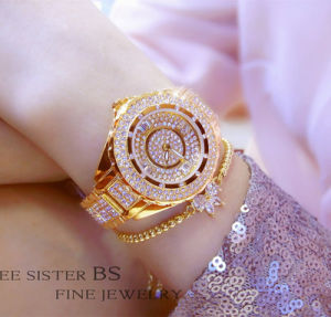 BS Bee Sister Brand Fashion Womens Watches Casual Gold Silver Stainless Steel Alloy Strap Waterproof Quartz Female Watches Full Diamond Austrian Rhinestone Luxury Girl Wrist Watches FA0917L