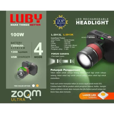 LUBY 100W SENTER KEPALA ZOOM L-2913L/K BATERAI 7200mAh 72JAM WATERPROFF TYPE-C 1350LUMENS