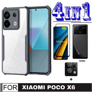Promo Paket 4 in 1 Case Xiaomi Poco X6 5G / Redmi Note 13 Pro 5G 2024 / Poco F5 / Poco F4 GT 5G 2022 Black Bumper Premium Case Armor Transparent + Black Edge Screen Protector + Garskin Carbon + Camera Lens