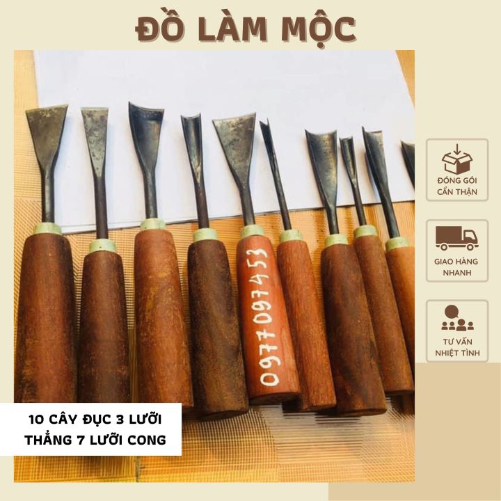 Bộ 10 cây đục 3 lưỡi thẳng 7 lưỡi cong kết hợp chạm trổ gỗ đục bàn ghế ...