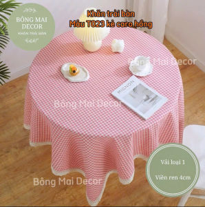 [110*160cm] Khăn trải bàn vải bố VIỀN REN họa tiết kẻ hồng phong cách Nhật Bản nhẹ nhàng vintage [T023]