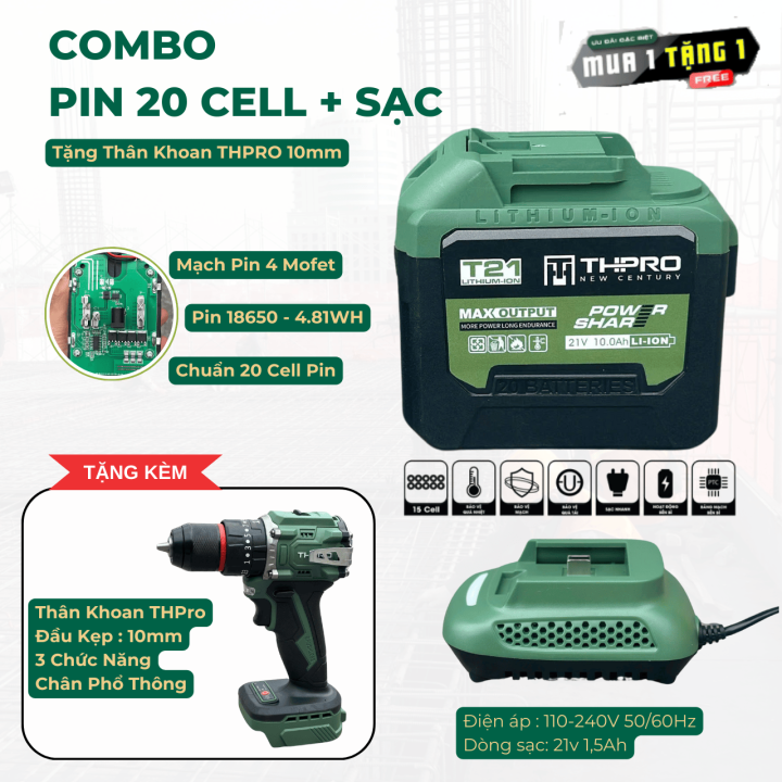 Combo Pin 20 Cell THPRRO Dung Lượng 10.0Ah Tặng Thân Khoan 10mm THPRO Không Chổi Than Kèm 1 Sạc Nhanh 1.5 Ah