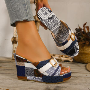 [Free Shipping] WomenS Wedge Heel Sandals Summer 2026 Plus Size Fish-Mouth Design Denim Fabric Fashionable And Comfortable
