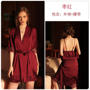 Set váy ngủ lụa viền ren kèm áo choàng cao cấp Satin stitching lace cardigan half-sleeved lace-up nightgown bathrobe womens homewear suit