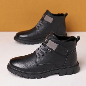 [Free Shipping] Mens Winter Fleece-Lined Thick High-Top Casual Leather Shoes Retro Style Versatile Soft-Soled Work Boots Warm.