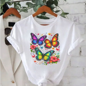 Colorful Butterfly Summer T-Shirt Floral Butterflies Vibrant Wings Summer Vacation Casual Short Sleeve Graphic Harajuku Tops