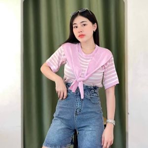 🌈SpinnyHouse🌈เสื้อแขนสั้น ทรงคอกลม แต่งผ้าพันคอผูกโบว์ 🫑 งานผ้าไหมพรม ยืดเยอะสุด สายแคมป์ปิ้งคือต้องมี สาวอวบใส่ได้ รุ่น ทรัพย์สิน