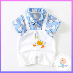 Bộ Áo Liền Quần Tay Ngắn Bằng Cotton In Họa Tiết Vịt Hoạt Hình Phong Cách Hàn Quốc