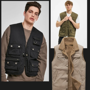 เสื้อสเวตเตอร์แคชเมียร์อเมริกันสำหรับผู้ชายวัยกลางคนและผู้สูงอายุ เสื้อกั๊กกันหนาว กระเป๋าหลายใบ ปกเสื้อ หนังแกะ เสื้อสเวตเตอร์แคชเมียร์อเมริกัน