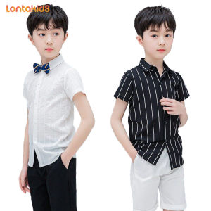 lontakids 2-14 Years Kids Boys Stripe Short Sleeve White Black Button Up Shirt For Tuxedo Blazer Formal Wear