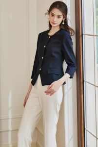 Áo Khoác Blazer Dáng Ngắn Cổ Tròn Tay Lửng/Dài Nút Kim Loại Mạ Vàng Sang Trọng Phong Cách Công Sở Thanh Lịch