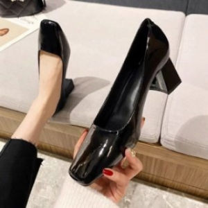 [Free Shipping] Black Patent Leather Square-Toe Chunky-Heel Pumps For Women 2026 New Style Shallow Mouth Comfortable Versatile For Work Professional Low-Heel And High-Heel Shoes