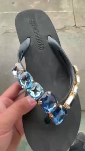 Rhinestone Blue Thick-Soled Flip-Flops For Women New Summer Style For Beach Wear Fashionable Wedge Heel Non-Slip Clip-On Beach Sandals