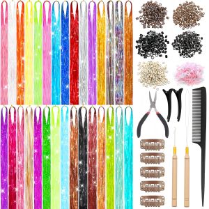 Professional 30 Colors Hair Tinsel Kit Fairy Hair Tinsel Extensions    48 Inch Tinsel with Instruction Ultra-sparkle 9900 Strands Tinsel Hair Extensions. Hair Ideal for Carnival Festivals