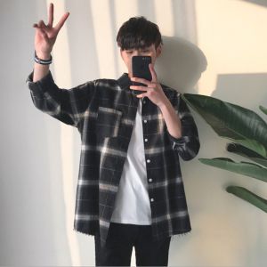 IELGY Summer shirt mens long sleeve casual loose checked shirt