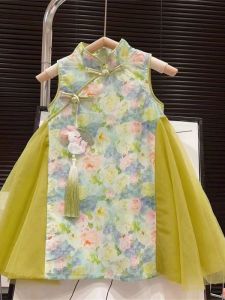 Dress Anak Perempuan Import Model Cheongsam Bunga Rabbit Brokat Tutu Samping Tanpa Lengan Kekinian