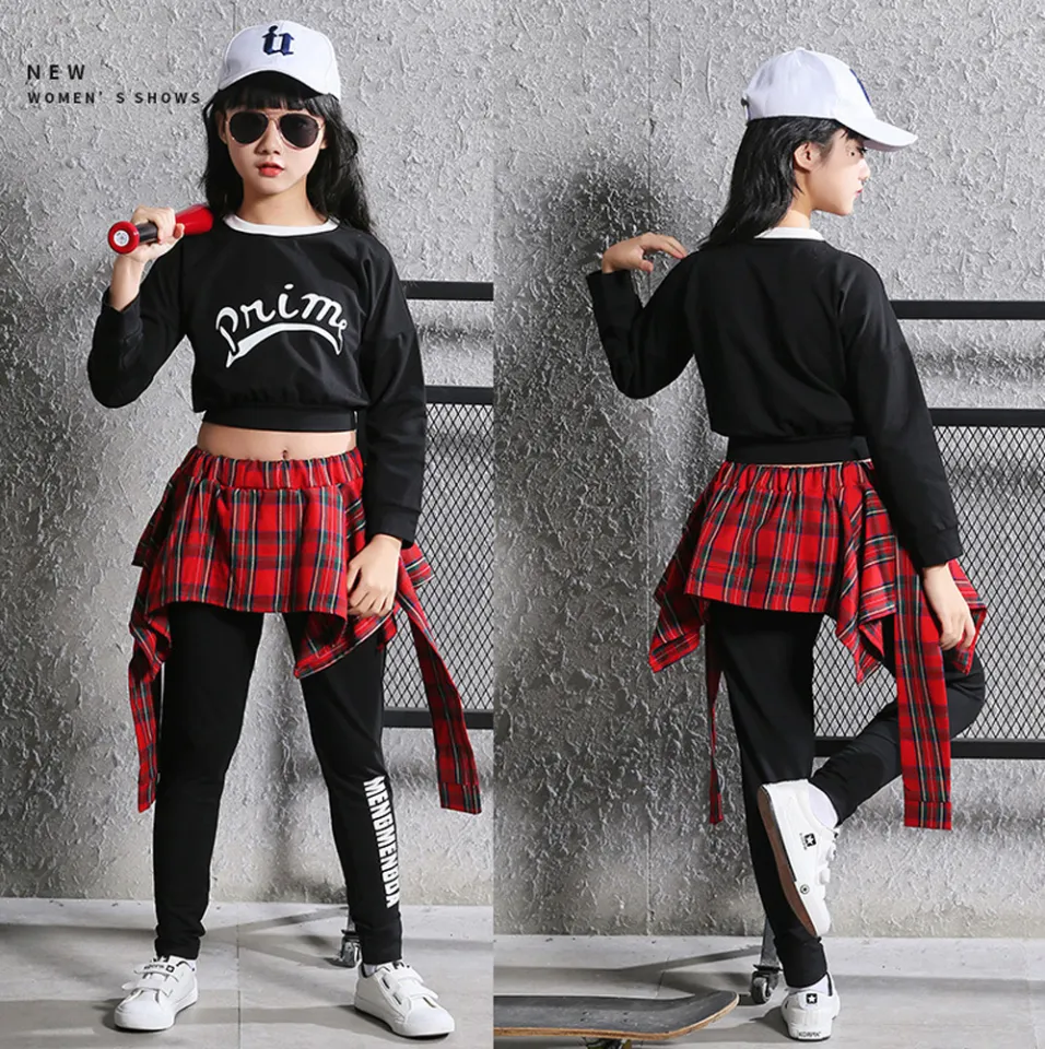 Lolanta 2 Pcs Girls Hip Hop Outfit Streetwear Jazz Dance Costume Casual  Sportswear Red Black Crop Top Long Pant Skirts