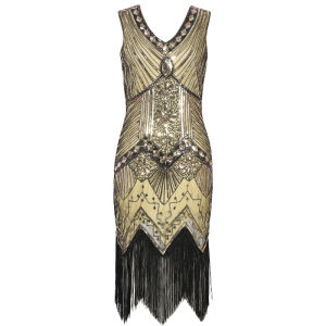 LUQUTCR 1920s Vintage Party Dress V-Neck Sleeveless Sequin Beaded style Style Tassel Flapper Vestidos Feminina 1920