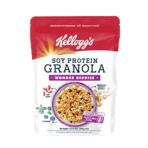Kelloggs Granola Soy Protein 220 g. เคลล็อกส์ อาหารเช้าซีเรียลธัญพืชอบกรอบ คอนเฟลก [ 5 สูตร : Super Berry Dark Chocolate Deluxe Nuts Honey Almond Wonder Berries]