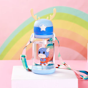 Sippy Cup For Baby Kids Straw Cup Antler Plastic Straw Cup Cartoon Childrens Plastic Cup Unicorn Creative Micro Landscape Interesting Design Outdoor Water Cup Portable Strap Water Cup