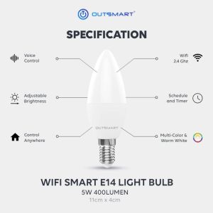 Outsmart E27 WiFi RGB Smart Bulb – Dimmable A60 Multi-Colour App & Voice Control