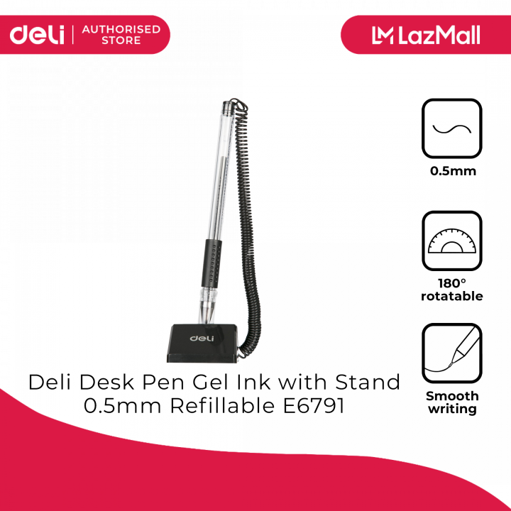 Deli Writing Instruments Deli Writing Instrument- Desk Pen Gel Ink with Stand 0.5mm Refillable ...