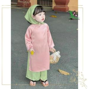 Áo dài tết cho bé gái áo dài lụa cách tân dễ thương cho bé có quần kèm khăn mỏ quạ mềm mại - Life Style 4U