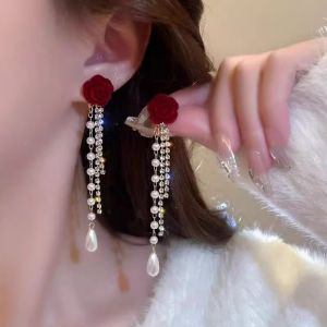 Tassel Bow Earrings Red Velvet Long Earrings High-end Pearl Earrings with Elegant Temperament
