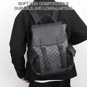 Mens Large Plaid Pattern PU Leather Backpack with Laptop Compartment for Travel and Work