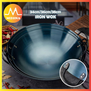 MIZONA 34/36/38cm Traditional Non Coated Refined Iron Wok Double Wok Handle Large Household Wok