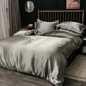 Solid Silk Bedding Set Including Bed Sheet Duvet Cover Pillowcase Satin for Couple King Queen Double Size