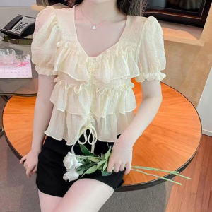 IELGY chiffon shirt womens chic square collar ruffled drawstring bubble short-sleeved top