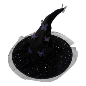 Elegant Curved Brimmed Witch Hat With 3D Butterfly Decoration Halloween Cosplay Accessory Multiple Colors