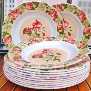 12PCS PIRING MKAKAN MELAMINE BESAR 23CM MOTIF KEMBANG TERBARU