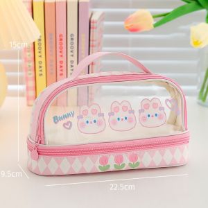 Transparent Pencil Case Double Layer Large Capacity Kawaii Cartoon Waterproof School Stationery