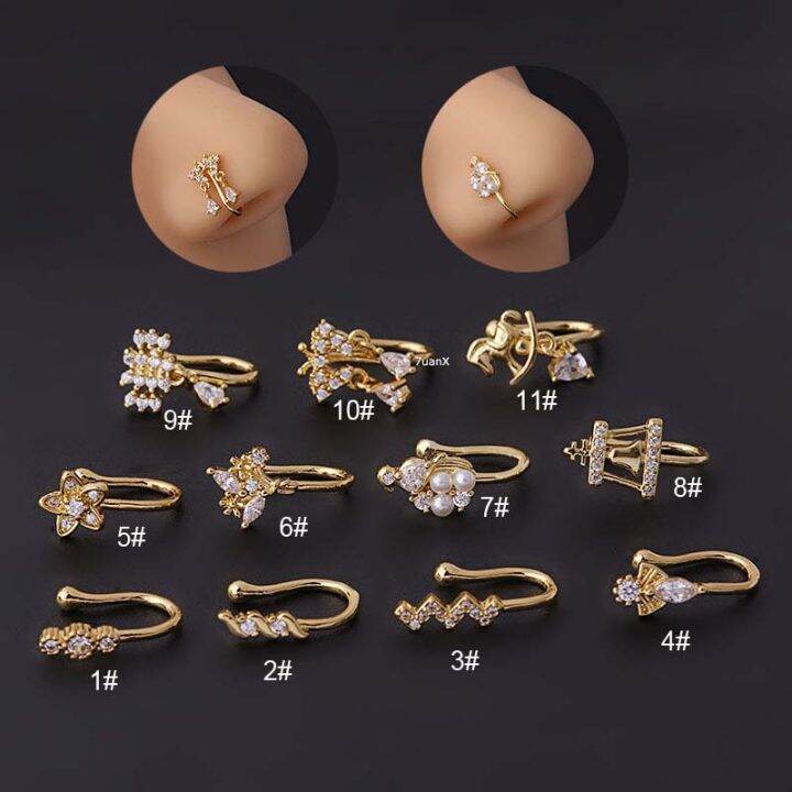 1 Piece No Hole Nose Click Fake Piercing Horse Flower Shape Gold Silver ...