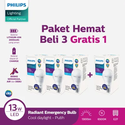 [Exclusive Lazada] Beli 3 Gratis 1 Philips Radiantline Emergency LEDBulb 13W 6500K Putih