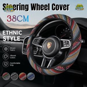 Ethnic Style Steering Wheel Cover Non Slip Breathable Linen No Inner Rim For Regular Cars Soft Grip