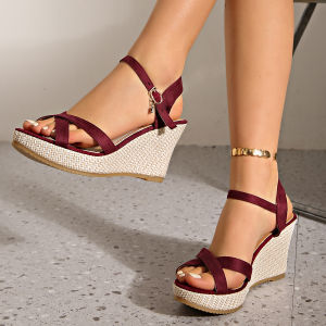 [Free Shipping] Womens Single-Strap Sandals 2025 Summer New Korean Style Thick-Soled Wedge Heel Peep-Toe High-Heel Roman Sandals for Women