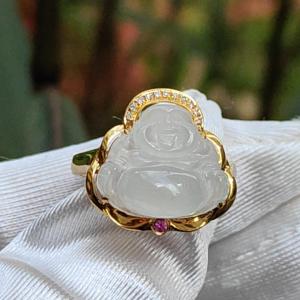 Premium Rare old pit Icy Natural Type A Jadeite Cabochon crafted as Laughing Buddha setting on G18K Gold as Ring with finger size 17.6mm Certificate included weigh 3.23 grams Jade measurement 12.8 * 14.8 * 4.1 mm (18kring5)